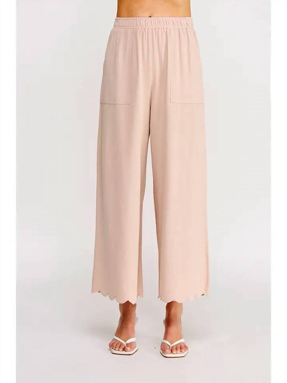 NEW ALLIE ROSE soft linen blend scallop hem elastic waist pant in natural